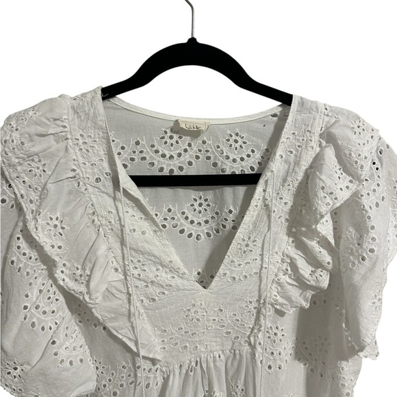 Nicole Miller Artelier White Eyelet TopCotton Eyelet  Flutter Short Sleeve Top L - Picture 4 of 10